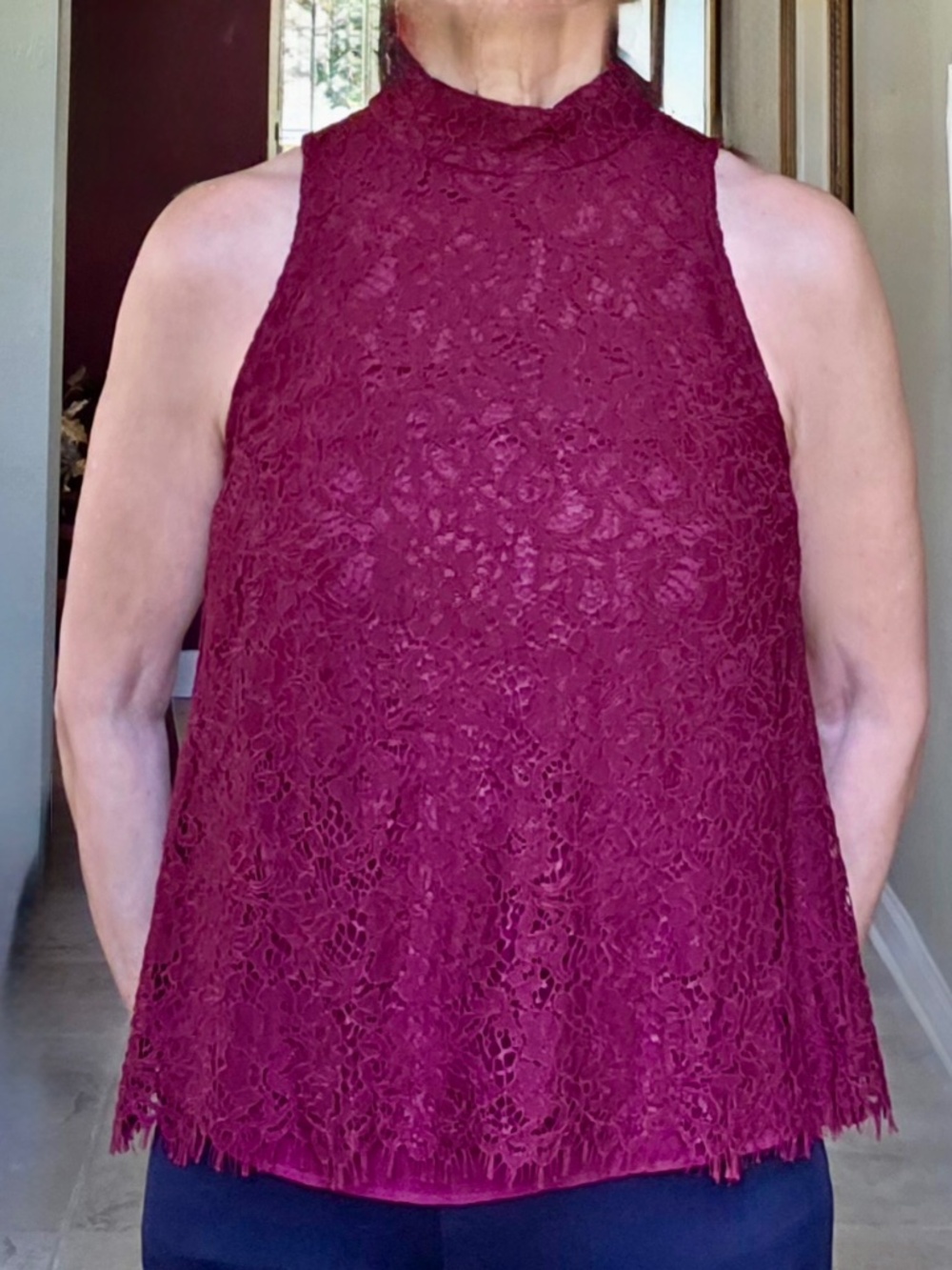 White House Black Market French Lace Halter Blouse Size S Fully Lined, Maroon